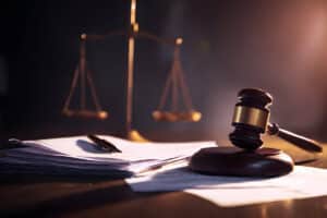 Judicial gavel strikes, halting actions, with scales of justice and legal papers.
