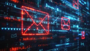 Cybersecurity alert Glowing red email icon with exclamation mark on a digital screen. Surrounded by code and other email symbols. A warning in cyberspace.