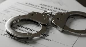 Close up view of shiny metallic handcuffs placed over a white arrest warrant